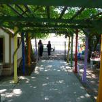 Walking forward to the end of the outside eating area-there is a pergola that supports over-hanging climbing plants. This pathway leads to more swings, a sandbox, and a jungle gym.